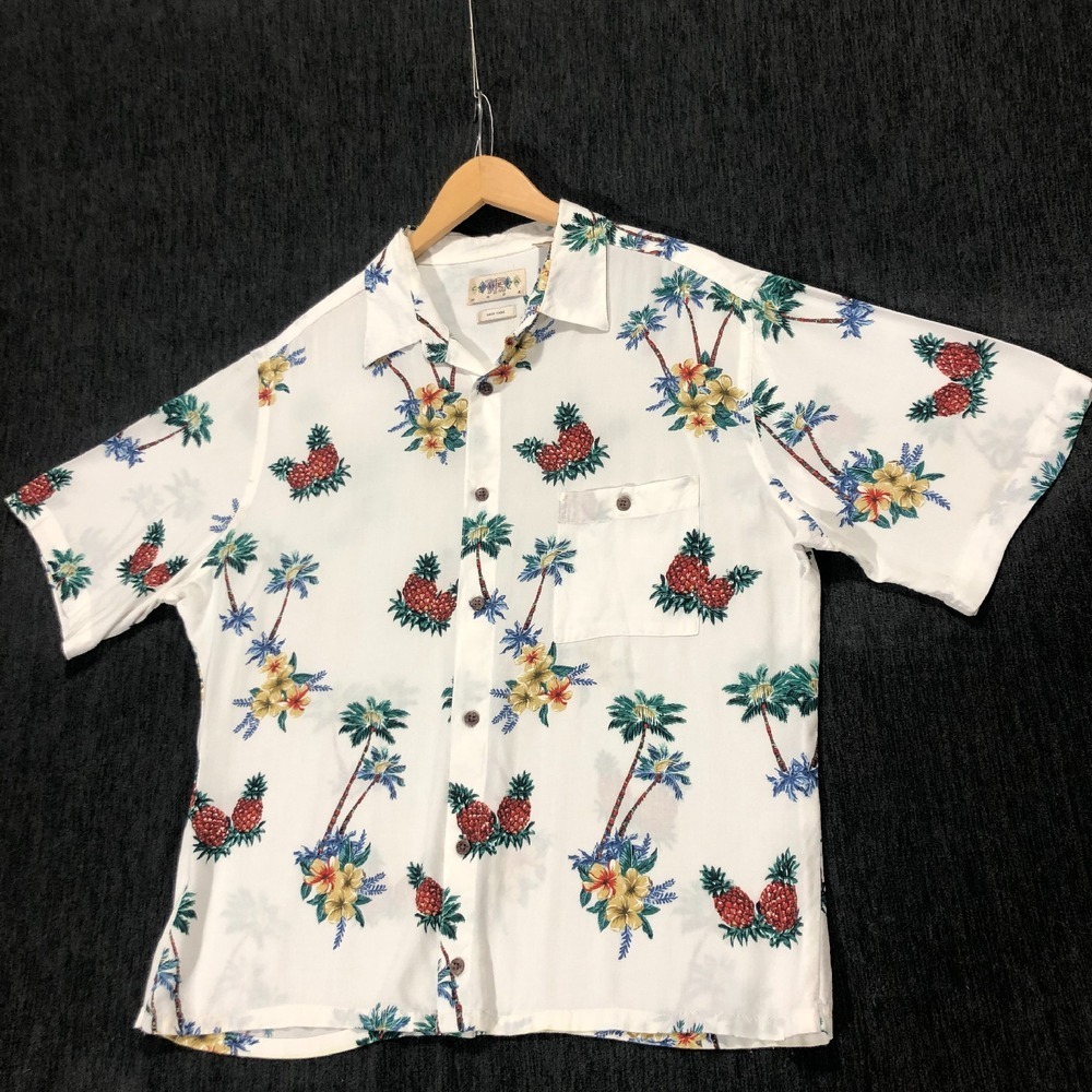 Campio Moda Hawaiian Shirt Pineapple Palm Tree Print‎ Button Up White L